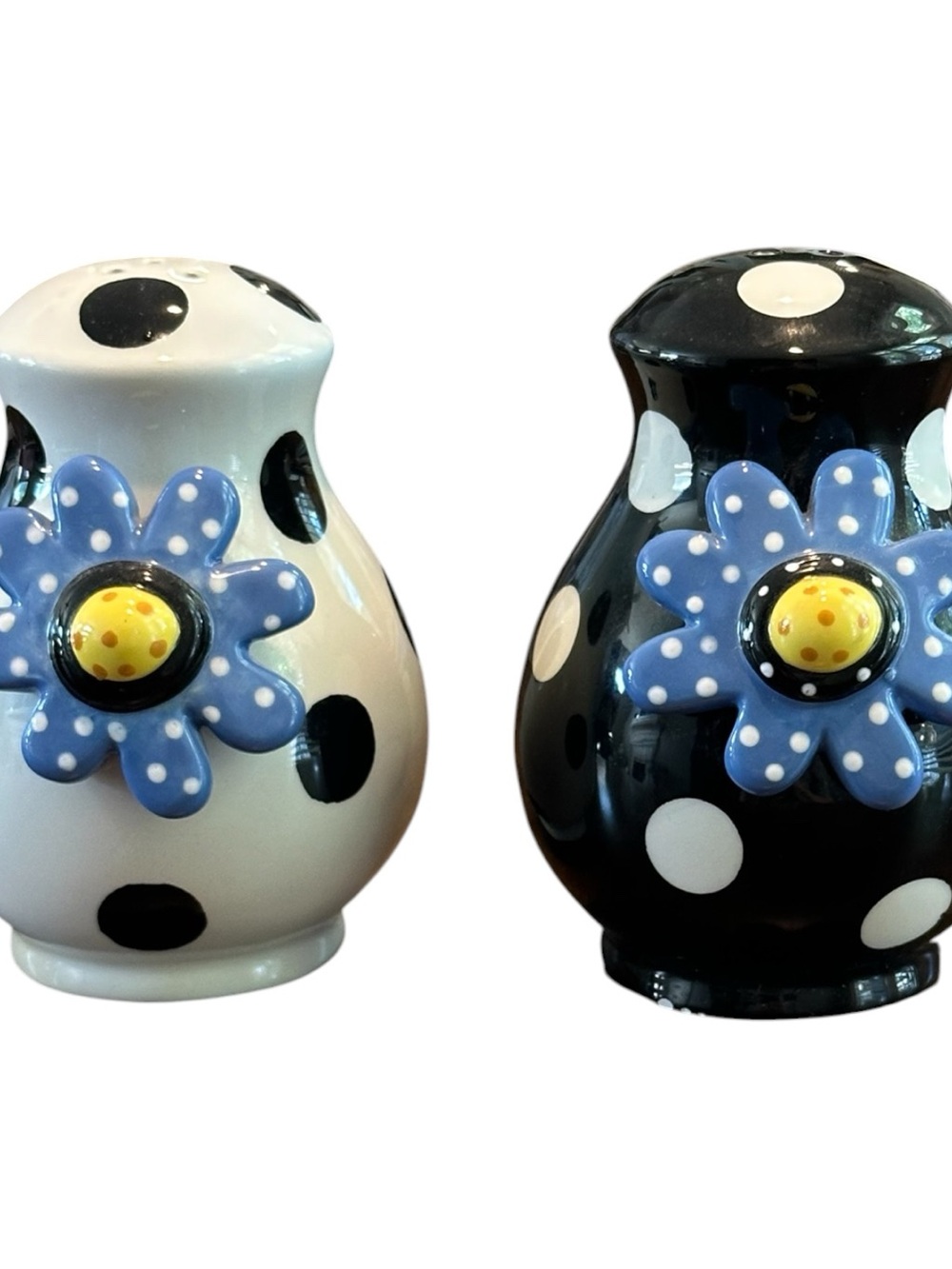 Demdaco Black & White Polka Dot Ceramic Vases with Blue Flower Accents